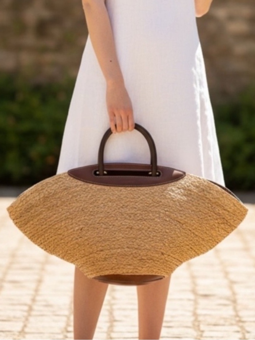 New Cult Gaia Wanda Leather Trim Raffia Tote Bag